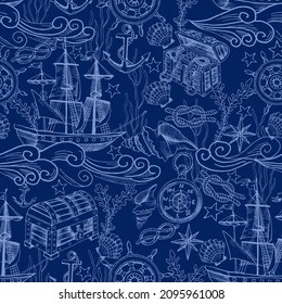 Seamless vector pattern in toile di jouy style with marine elements. Ship, rudder,seaweeds, treasure chest, sea adventure, pirates. Hand-drawn sketches on deep blue background. Wallpaper, wrapping.