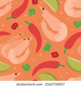 Seamless Vector Pattern of Tom Yum Soup Components Featuring Shrimp, Chili, Lime, Coriander, and White Sesame