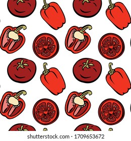 Seamless vector pattern. Tomato and bell pepper. Whole and halves. On a white background.