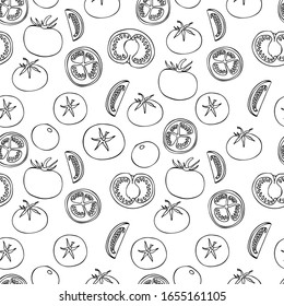 Seamless vector pattern of tomatoes. Black outline drawing of a tomato on a white background. Tomato berries.For design and decoration of fabric, paper, Wallpaper and packaging.