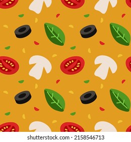 Seamless vector pattern with tomatoes, mushrooms and olives on yellow backgorund. Modern concept for fabric and paper, surface textures.