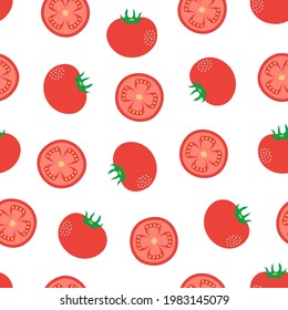 seamless vector pattern of tomatoes on white background, print with wholes and sliced of cartoon tomatoes