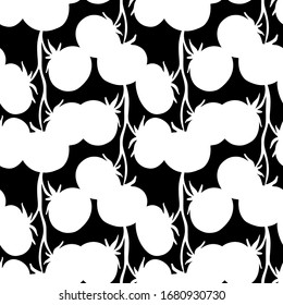 Seamless vector pattern of tomatoes. White silhouettes of a tomato on branches on a black background.For the design and decoration of fabric, paper, Wallpaper and packaging.
