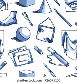 Seamless vector pattern with tools for drawing and artistic education.