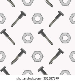 Seamless vector pattern with tools. Symmetrical background with screws and nuts on a white backdrop.