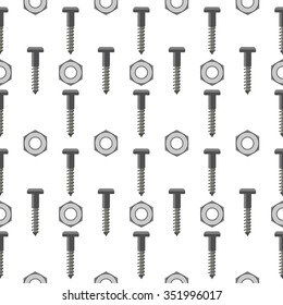 Seamless vector pattern with tools. Symmetrical background with nails and nuts on the white backdrop.