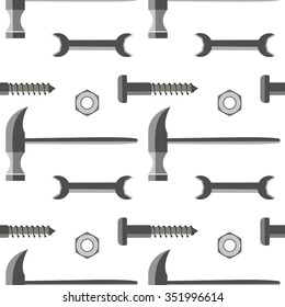 Seamless vector pattern with tools. Symmetrical with background with hammers, screws, nuts and wrenches on the white backdrop.