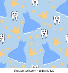 Seamless vector pattern with tooth fairy elements like a dress, magic wang. tooth and crown, on a blue background