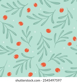 Seamless vector pattern with tossed mistletoe branches on aqua blue, textile, digital paper wrapping