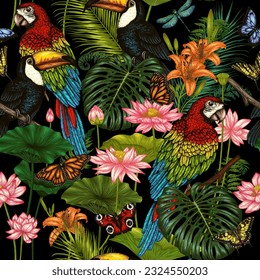 Seamless vector pattern toucan and macaw parrot in tropical garden with butterflies in engraving style