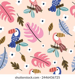 Seamless vector pattern with toucan and montera leaves, leaves and white flowers in a tropical forest on a pink background. for wallpaper Textiles and children's clothing