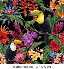 Seamless vector pattern with toucans and colorful tropical flowers isolated on a changeable background.