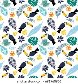 Seamless vector pattern with toucans, flowers and tropical leaves. Exotic Hawaii art background is tropical trendy. Design for fabric, textile, wrapping paper and other decoration.