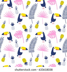 Seamless vector pattern with toucans and pineapples. For birthday, party invitations, scrapbook, summer holidays. Vector illustration in blue, pink and yellow colors.