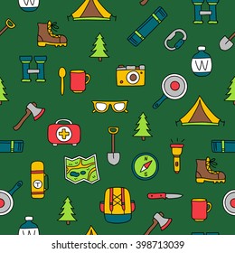 Seamless vector pattern of the tourist icons on a dark green background. Excellent background. Elements for design. Camping. Set to survive in the forest.