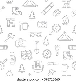 Seamless vector pattern of the tourist icons on a white background. Excellent background. Elements for design. Camping. Set to survive in the forest.