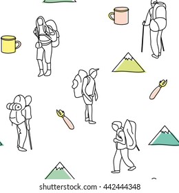 Seamless vector pattern: tourists with backpacks, mugs, mountain, opener