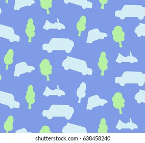 Seamless vector pattern with toy cars and trees