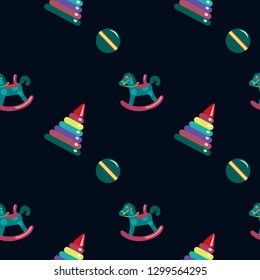 Seamless vector pattern with toy horses , balls and pyramids and dark blue background. Mother's day concept, paper or textile print.