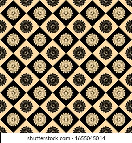 Seamless vector pattern in traditional Asian style. A stylized chrysanthemum flower is a symbol of the sun. Gold and black rhombus. Vector color background. 