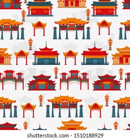 Seamless vector pattern to traditional Chinese buildings and temples on a white background.