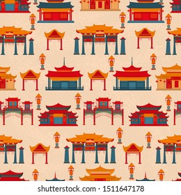 Seamless vector pattern to traditional Chinese buildings and temples  on a light orange background