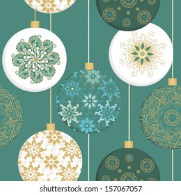 Seamless vector pattern with traditional Christmas decoration, baubles on green background