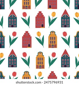 Nahtloses Vektorgrafik-Muster mit traditionellen niederländischen Häusern und Tulpenblumen.