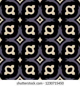 Seamless vector pattern in traditional east style. Crosses and rhombuses against a black background. Patten lattice. Abstract ornament. Endless texture for textile design. Vector color background.