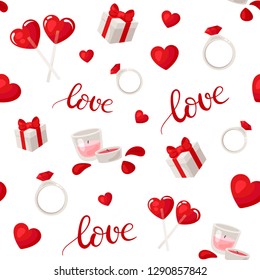 Seamless vector pattern of traditional elements of Valentine's Day in cartoon style. Valentine's Day ornament for background.