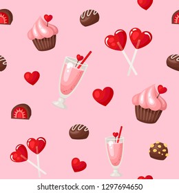 Seamless vector pattern of traditional elements of Valentine's Day in cartoon style. Valentine's Day ornament for background.