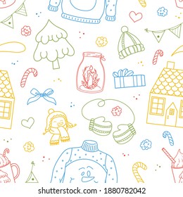 Seamless vector pattern with traditional elements of winter. Line objects. Colorful palette. Cute hand drawn Christmas theme doodle background for wrapping paper, print, card, gift, fabric, wallpaper.
