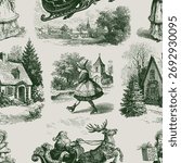 Seamless vector pattern with traditional European Christmas scenes. Vintage engraving or ink drawing style vector illustration.