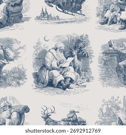 Seamless vector pattern with traditional European Christmas scenes. Vintage engraving or ink drawing style vector illustration.