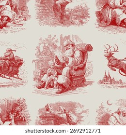 Seamless vector pattern with traditional European Christmas scenes. Vintage engraving or ink drawing style vector illustration.