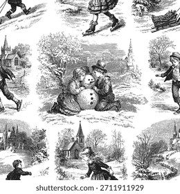 Padrão de vetor sem costura com cenas de inverno europeias tradicionais. Vintage gravura ou desenho de tinta estilo ilustração vetor.