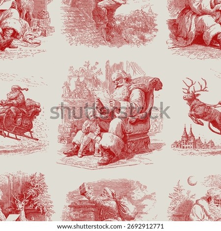 Seamless vector pattern with traditional European Christmas scenes. Vintage engraving or ink drawing style vector illustration.
