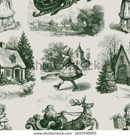 Seamless vector pattern with traditional European Christmas scenes. Vintage engraving or ink drawing style vector illustration.