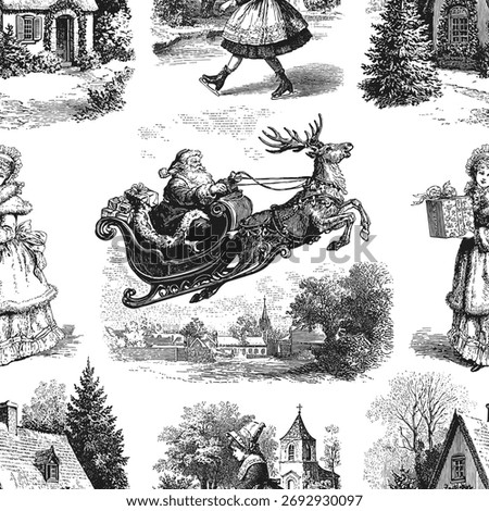 Seamless vector pattern with traditional European Christmas scenes. Vintage engraving or ink drawing style vector illustration.