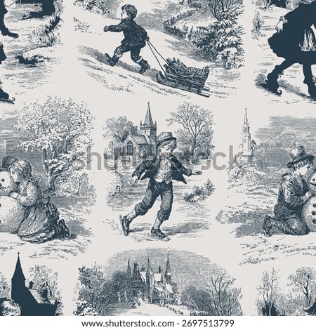 Seamless vector pattern with traditional European winter scenes. Vintage engraving or ink drawing style vector illustration.