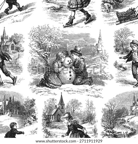 Seamless vector pattern with traditional European winter scenes. Vintage engraving or ink drawing style vector illustration.