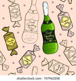 Seamless vector pattern with traditional festive elements: sparkling wine and delicious candies with chocolate and liqueur filling