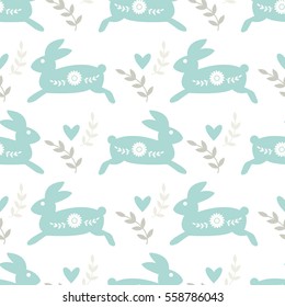 Seamless vector pattern with traditional folk motif with rabbits, hearts and flowers. Perfect for wrapping paper, wallpaper, repeating elements, vintage design, notebook cover, fabric clothes design.