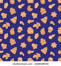 Seamless vector pattern of traditional gingerbread cookies of various shapes for Christmas celebration amidst snowflakes against blue background