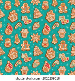 Seamless vector pattern of traditional gingerbread cookies of various shapes for Christmas celebration amidst snowflakes against green background