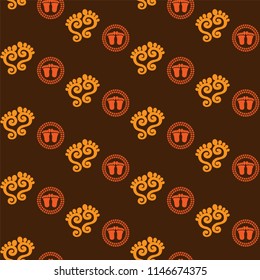 Seamless vector pattern with traditional Indian design of rangoli with yellow and orange footprints of Krishna or Lakshmi.