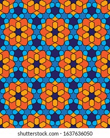 Seamless vector pattern in traditional islamic design. Hexagonal girih. Blue and yellow hexes with black contours. Abstract ornament in traditional style for any design purpose. Colorful backdrop.