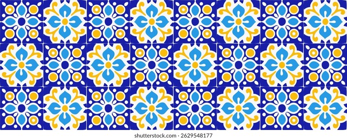 Seamless vector pattern with traditional Italian maiolica tiles in yellow and blue. Symmetrical floral-inspired motifs, perfect for kitchen decor, textile design, or Mediterranean packaging