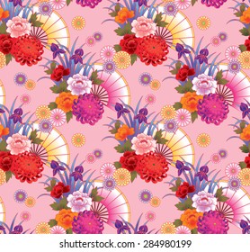 Seamless vector pattern. Traditional japanese motif with fans and flowers. 