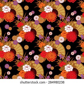 Seamless vector pattern. Traditional japanese motif with fans and flowers. 